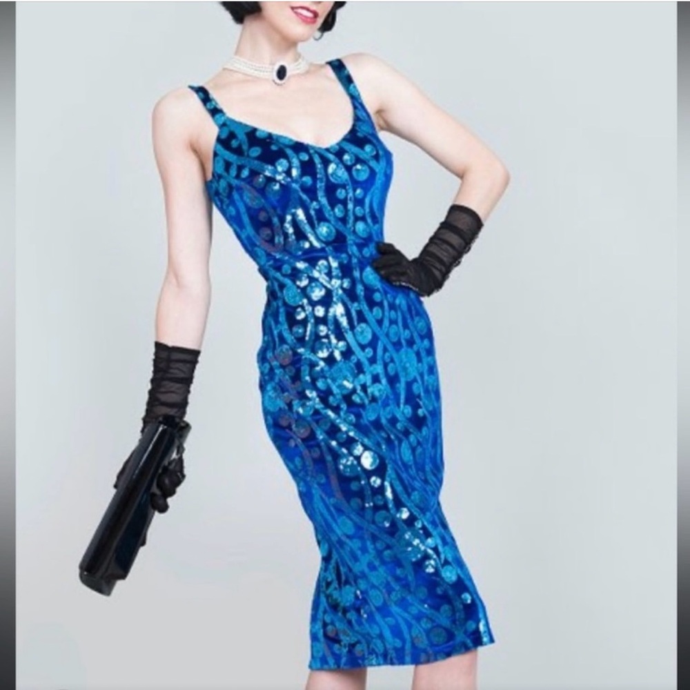 XS Tatyana blue sequin and velvet special occasion dress